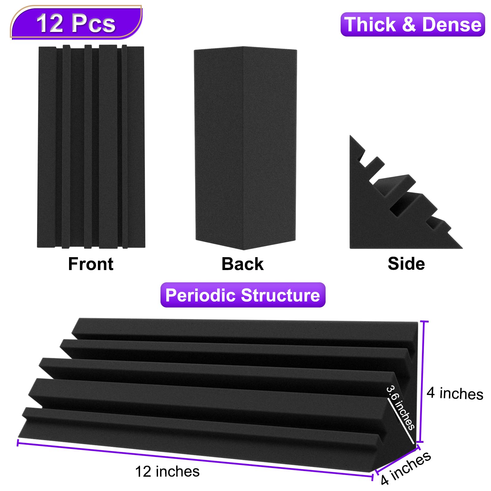 TroyStudio Bass Traps - 12 Pcs 4 X 4 X 12 Inches Dense Thick Studio Bass Foam Corner, Acoustic Treatment Panel Absorbing Echo Re